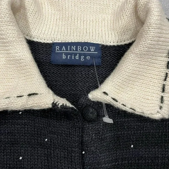 [XL]Rainbow Bridge Winter Scene Embroidered Collared Button Knit Sweater - Picture 3 of 7